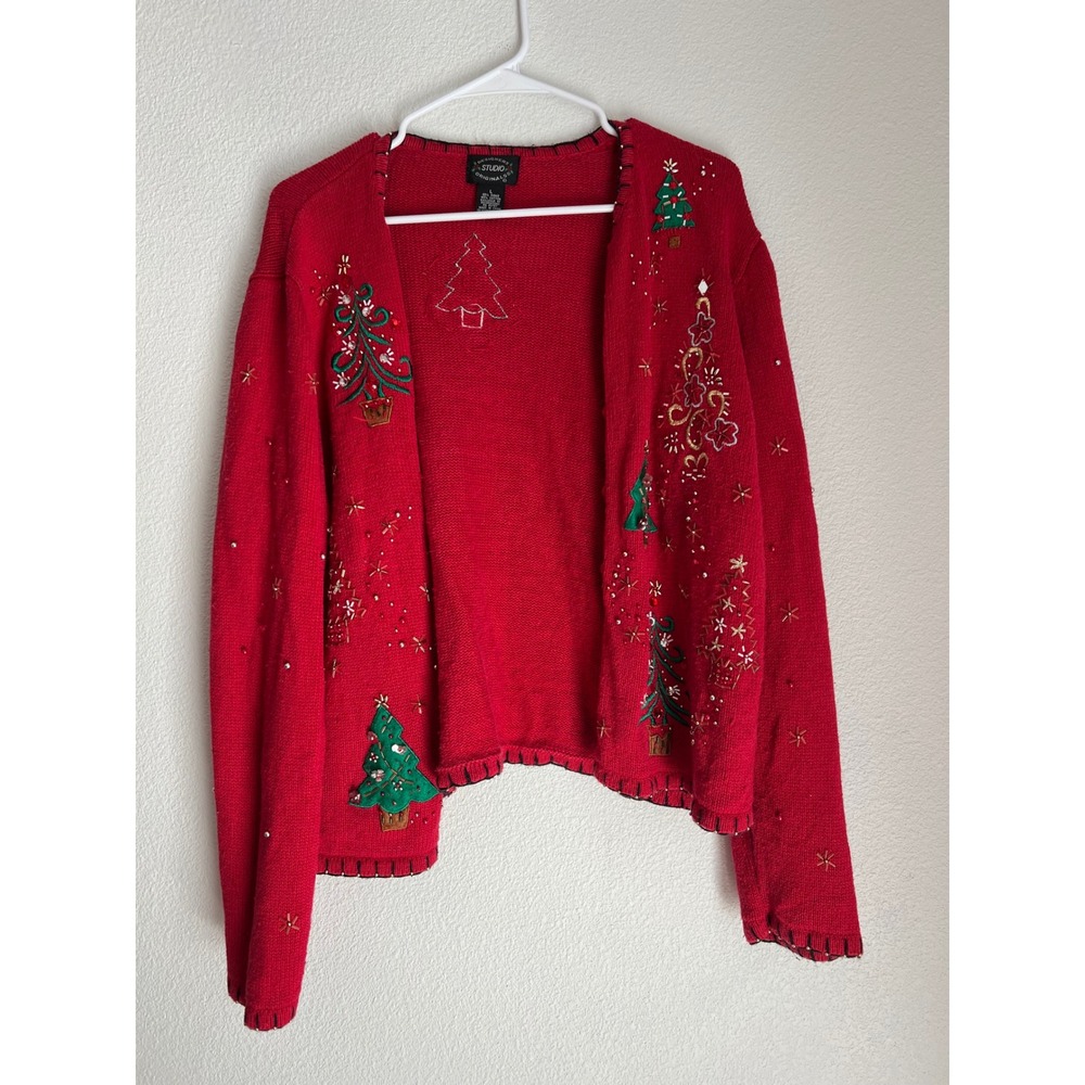 Designers Studio Originals Red Christmas‎ Tree Cardigan Sweater Large